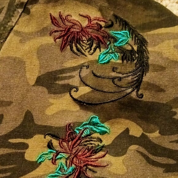 Morbid Threads Denim Military Jacket Embroidery Beaded Camouflage Women's XL - Picture 13 of 16